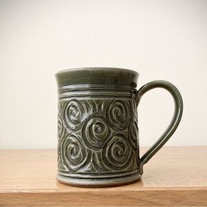 studio pottery artist signed mug cup rustic farmhouse cottage dark olive green